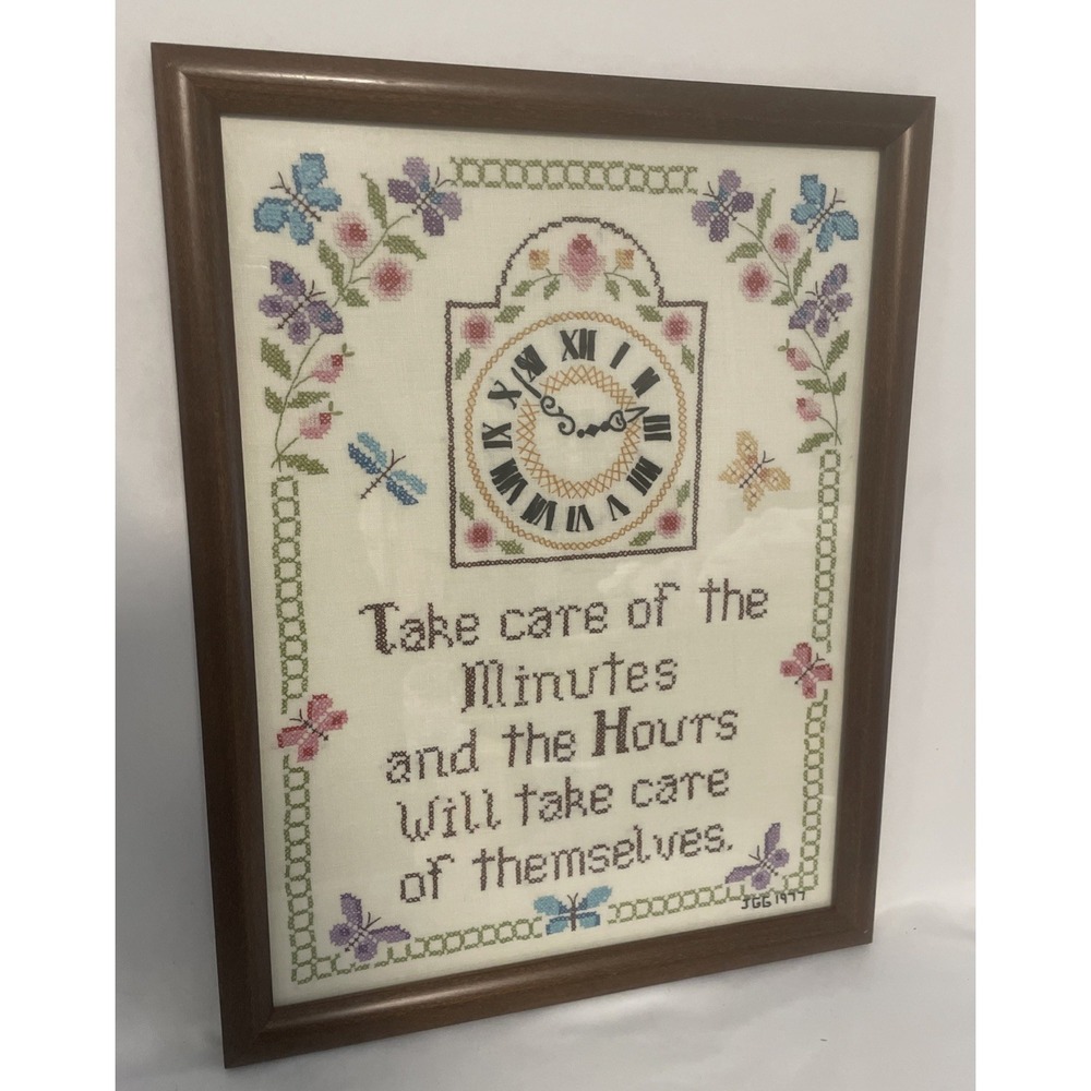 Vintage Handmade Framed Cross Stitch MINT Clock Dragonflies Flowers Butterflies